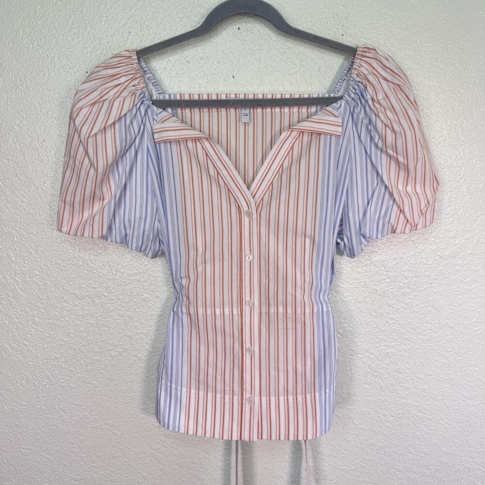 Derek Lam 10 Crosby Top Womens 12 Striped Puff Sleeve Button Up Tie Back Cotton